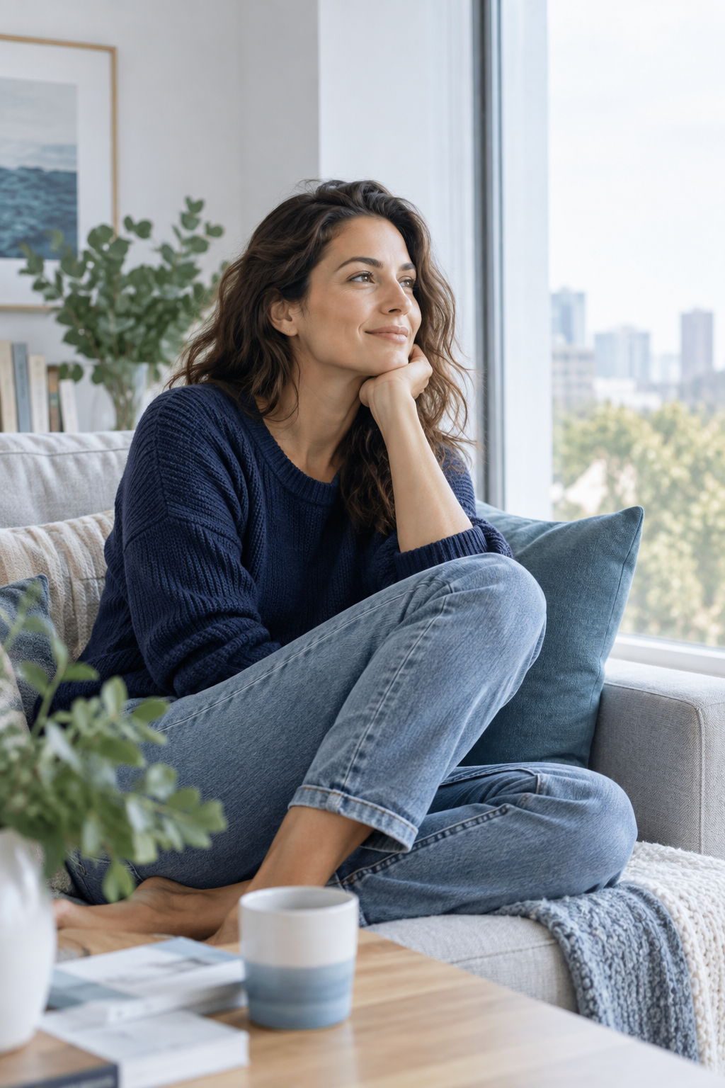 Mujer en un espacio luminoso y contemporáneo